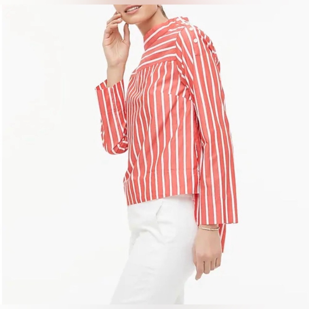 J. Crew Women’s Striped Funnel Neck Top Cotton Poplin Maddie Ceris Stripe Size 4 - Picture 2 of 16